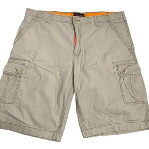 Wear First Cargo Elastic Waist Shorts 40 Tan Button Zip Mesh Pockets Belt Loops